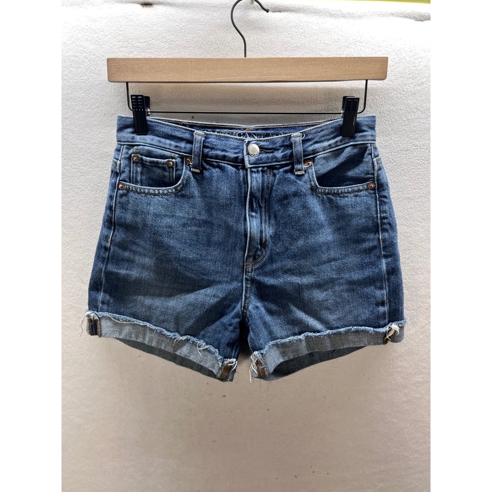 American Eagle Mom Shorts Womens 0 Blue Denim High Waisted Cuffed Raw Hem 3172